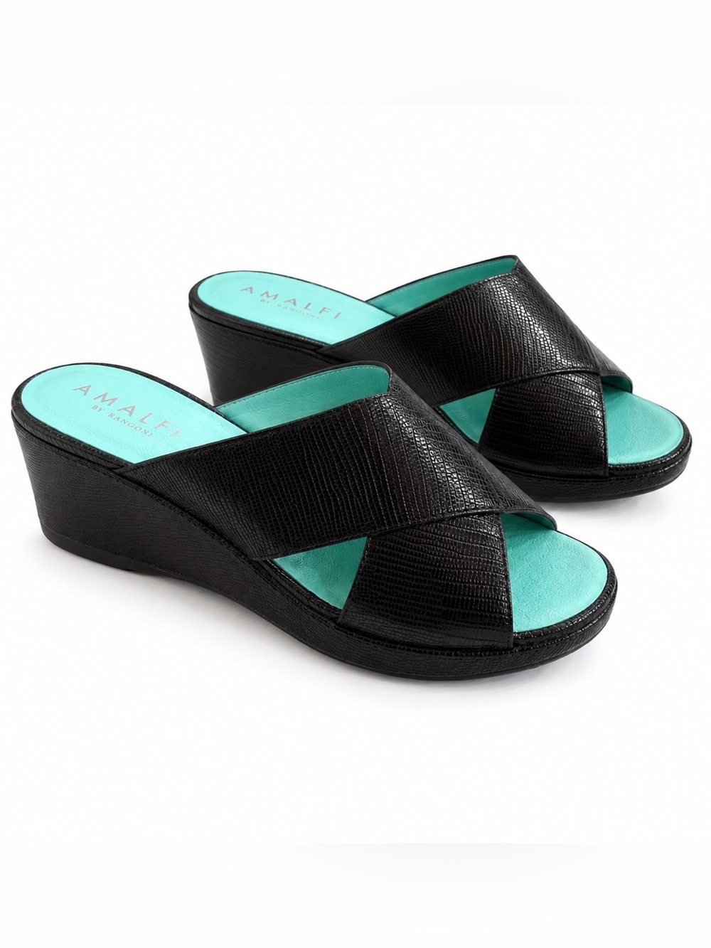 Amalfi by Rangoni Italy Leather Comfort Wedge Slide Sandals Black 7.5